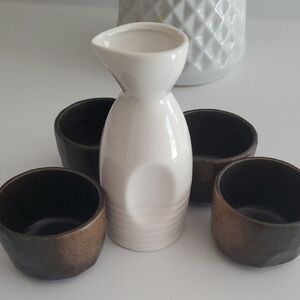 White Ceramic Sake Set with Brown Cups